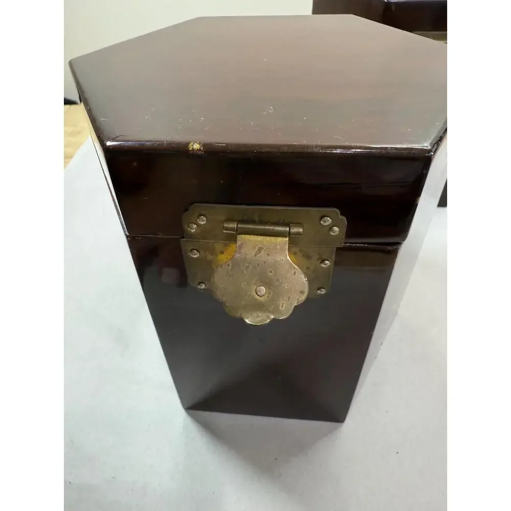 Vintage Chinese Hexagonal Lacquer Wood Boxes Set of 2, Brass Hardware, Green